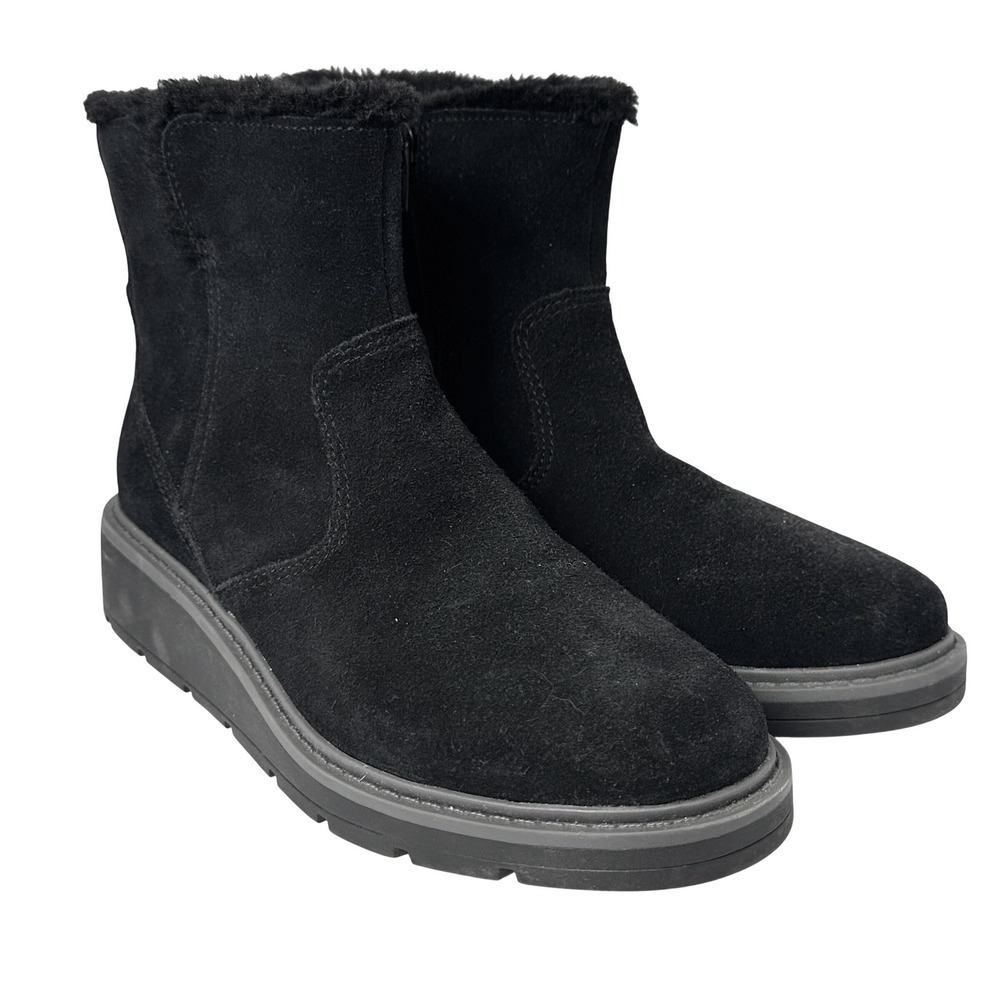Clarks Womens Black Faux Suede Fur Trim Platform Wedge Ankle Boots 7 M Winter